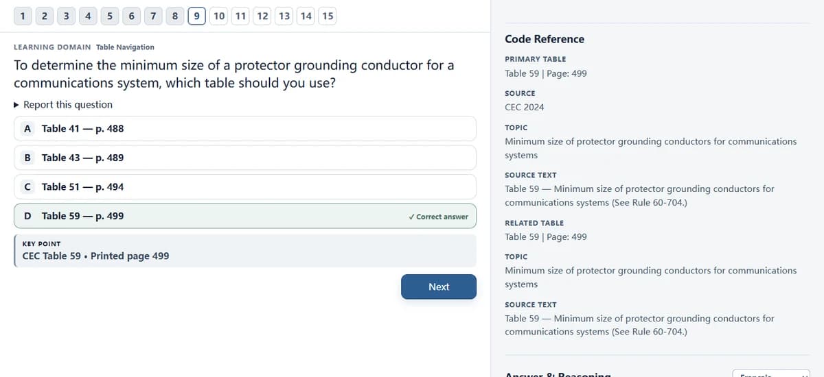 ProPrepX Question 9 Table Navigation practice example with French post-answer explanation.