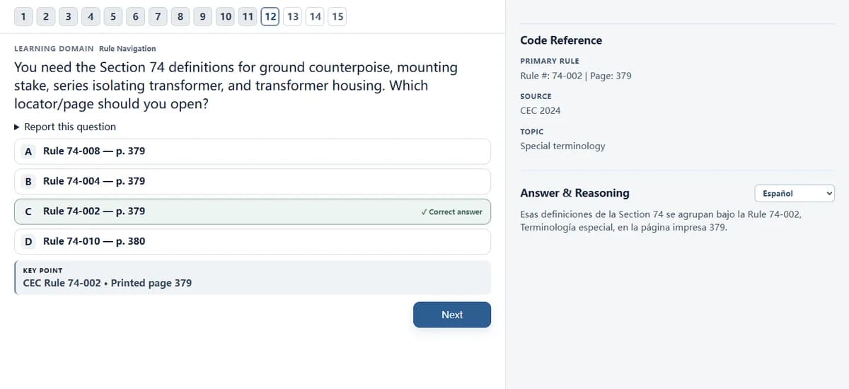 ProPrepX Question 12 Rule Navigation practice example with Spanish post-answer explanation.